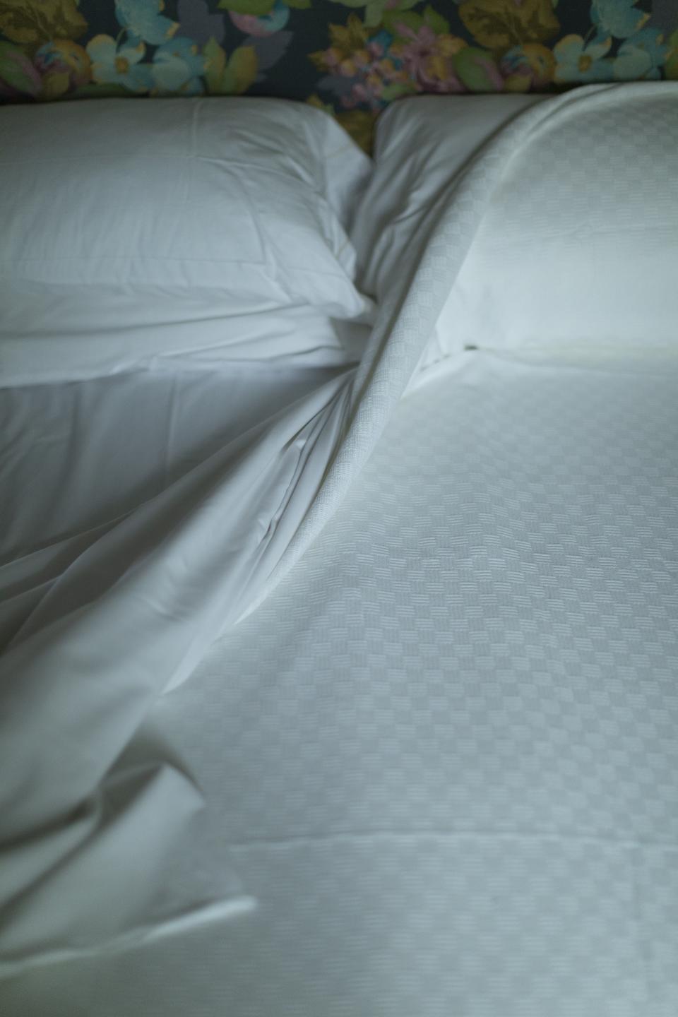 Two white pillows lean toward each other, slightly displaced.
The sheets fold inward at the center, forming a shallow valley.
Light filters through an unseen window, soft and diffused.
The fabric holds the memory of weight.
The indentation remains, precise but temporary.
No movement, only the afterimage of it.
The space between the pillows suggests proximity.
The crease in the sheet suggests departure.
The bed reads like a landscape after weather.
Something has passed through.
It is no longer visible.